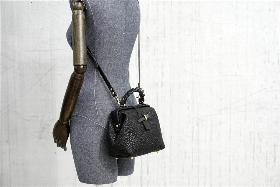 Handmade Womens Small Black Leather Doctor Handbag Side Purse Doctor Purse for Women