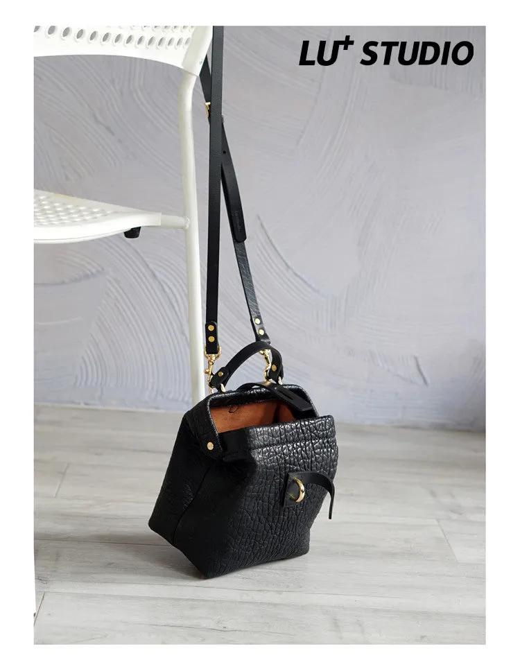Handmade Womens Small Black Leather Doctor Handbag Side Purse Doctor Purse for Women