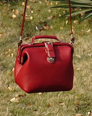 Handmade Womens Small Red Leather Doctor Handbag Side Purse Doctor Purse for Women