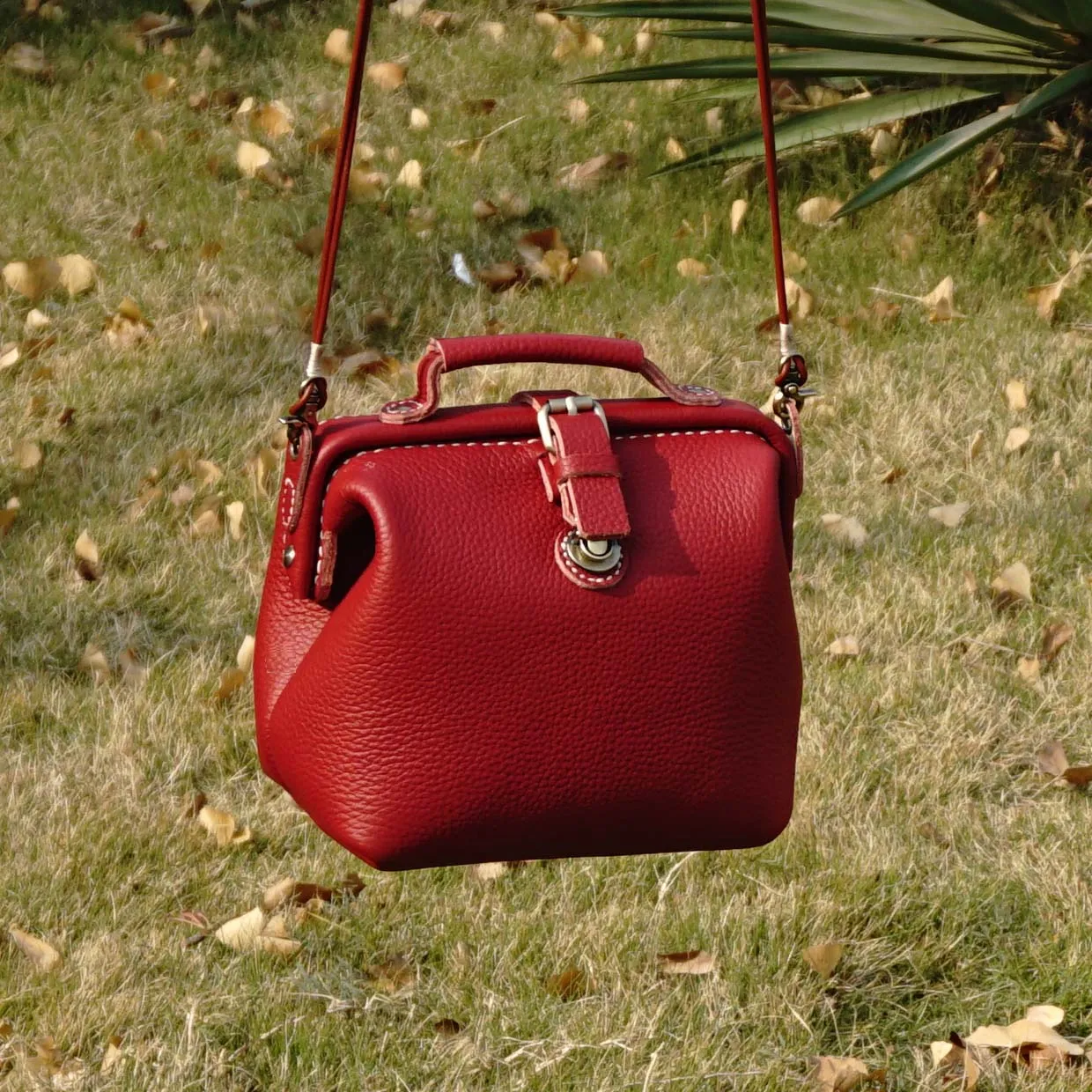 Handmade Womens Small Red Leather Doctor Handbag Side Purse Doctor Purse for Women