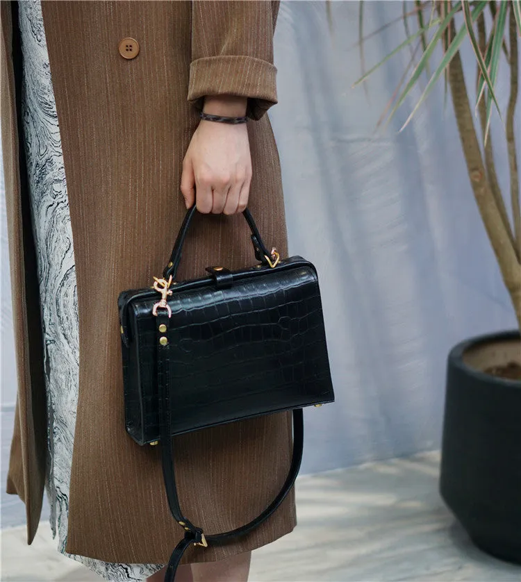 Handmade Womens Stylish Black Leather Doctor Handbag Side Purses Doctor Purses for Women