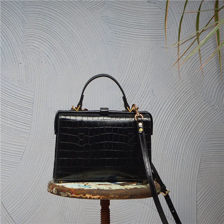 Handmade Womens Stylish Black Leather Doctor Handbag Side Purses Doctor Purses for Women