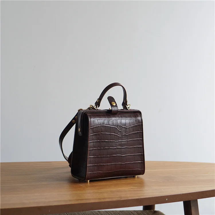 Handmade Womens Stylish Square Black Leather Doctor Handbag Side Purse Doctor Purse for Women