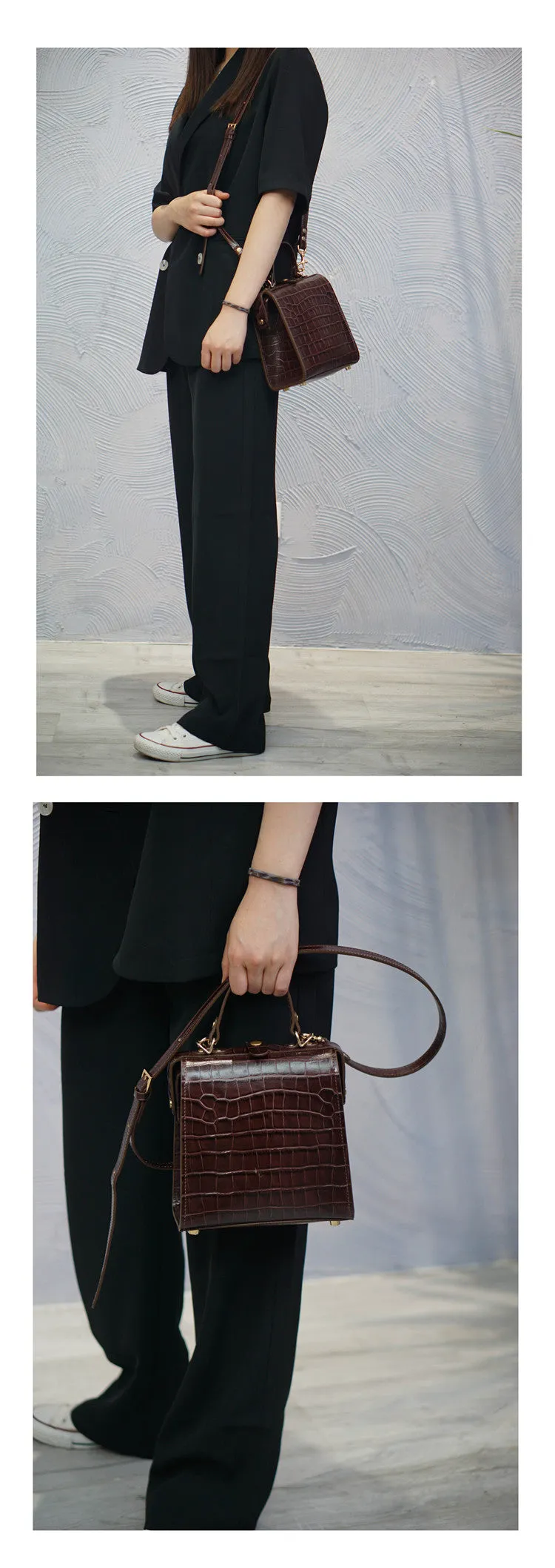 Handmade Womens Stylish Square Black Leather Doctor Handbag Side Purse Doctor Purse for Women