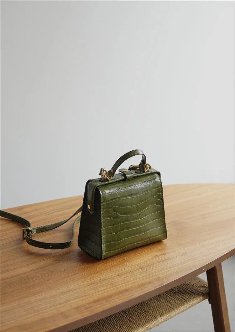 Handmade Womens Stylish Square Black Leather Doctor Handbag Side Purse Doctor Purse for Women