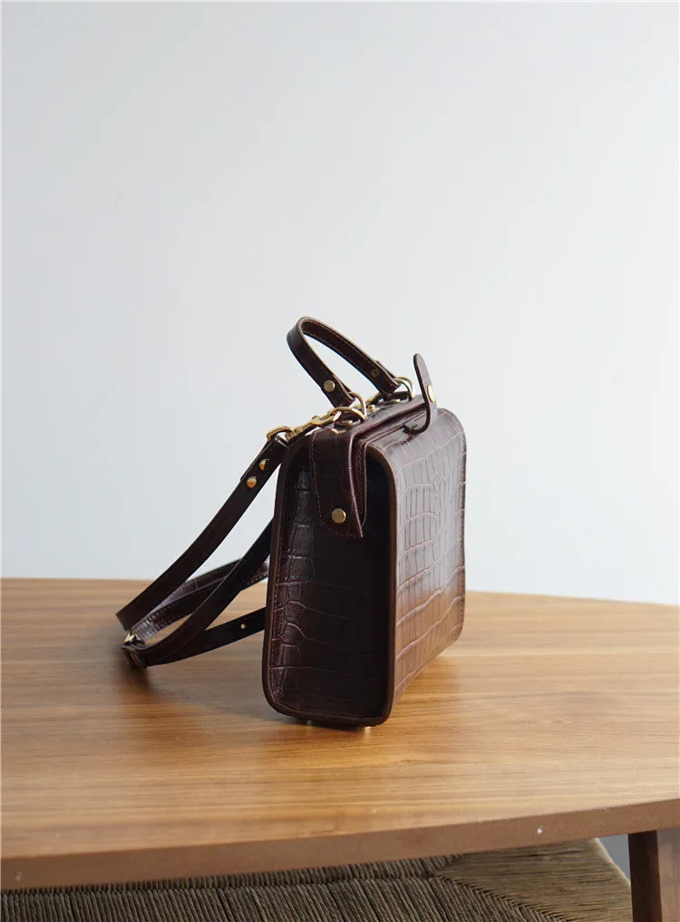 Handmade Womens Stylish Square Black Leather Doctor Handbag Side Purse Doctor Purse for Women
