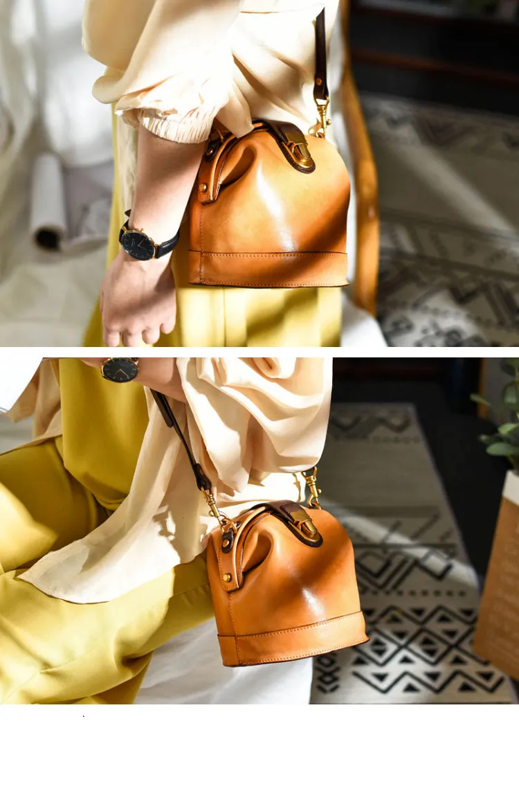 Handmade Womens Tan Leather Doctor Bucket Shoulder Purses Tan Doctor Crossbody Purse for Women