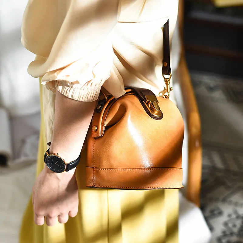 Handmade Womens Tan Leather Doctor Bucket Shoulder Purses Tan Doctor Crossbody Purse for Women