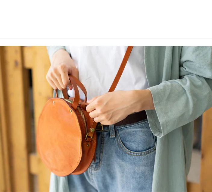 Handmade Womens Tan Leather Round Handbag Purses Tan Round Shoulder Bag Crossbody Purse for Women