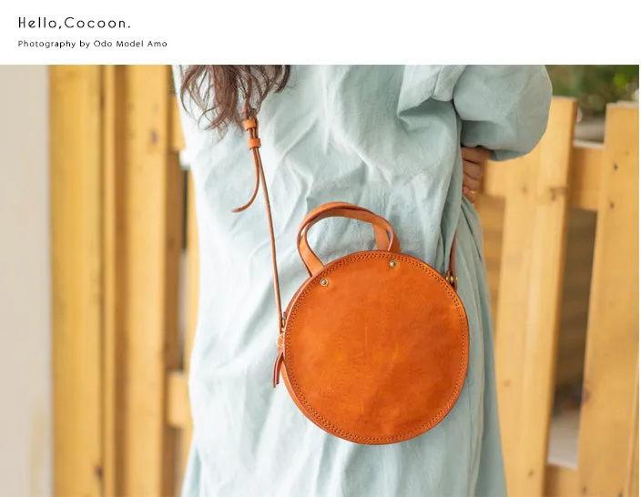Handmade Womens Tan Leather Round Handbag Purses Tan Round Shoulder Bag Crossbody Purse for Women
