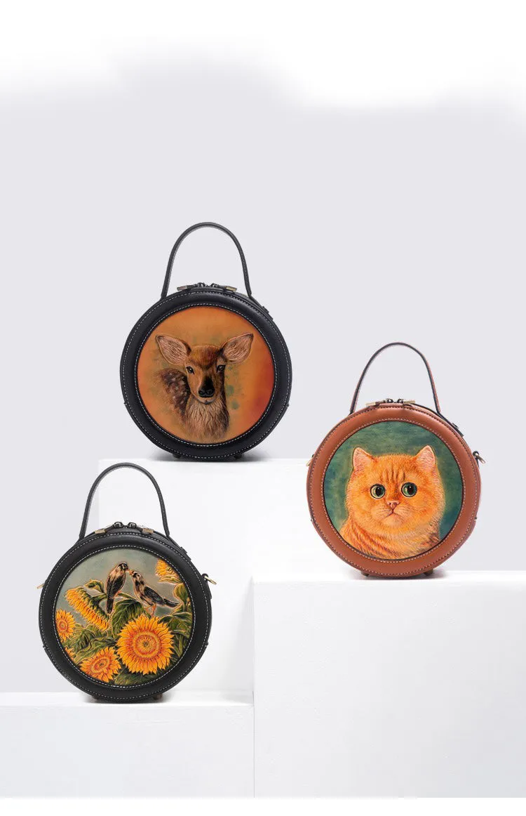 Handmade Womens Tooled Leather Round Handbag Purse Round Crossbody Bag for Women