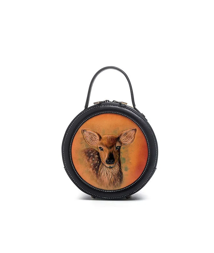Handmade Womens Tooled Leather Round Handbag Purse Round Crossbody Bag for Women
