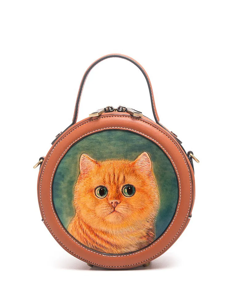 Handmade Womens Tooled Leather Round Handbag Purse Round Crossbody Bag for Women