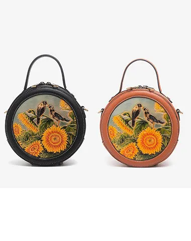 Handmade Womens Tooled Leather Round Handbag Purse Round Crossbody Bag for Women