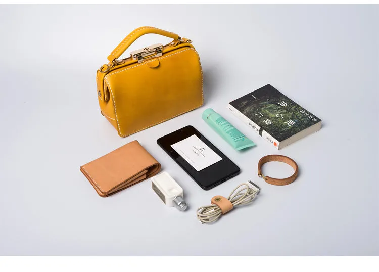 Handmade Womens Yellow Leather Doctor Handbag Purse Small Side Bag Doctor Bags for Women