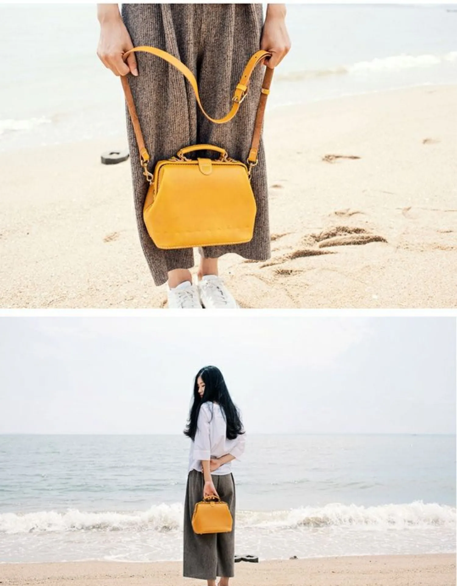 Handmade Womens Yellow Leather Small doctor Handbag shoulder doctor bags for women
