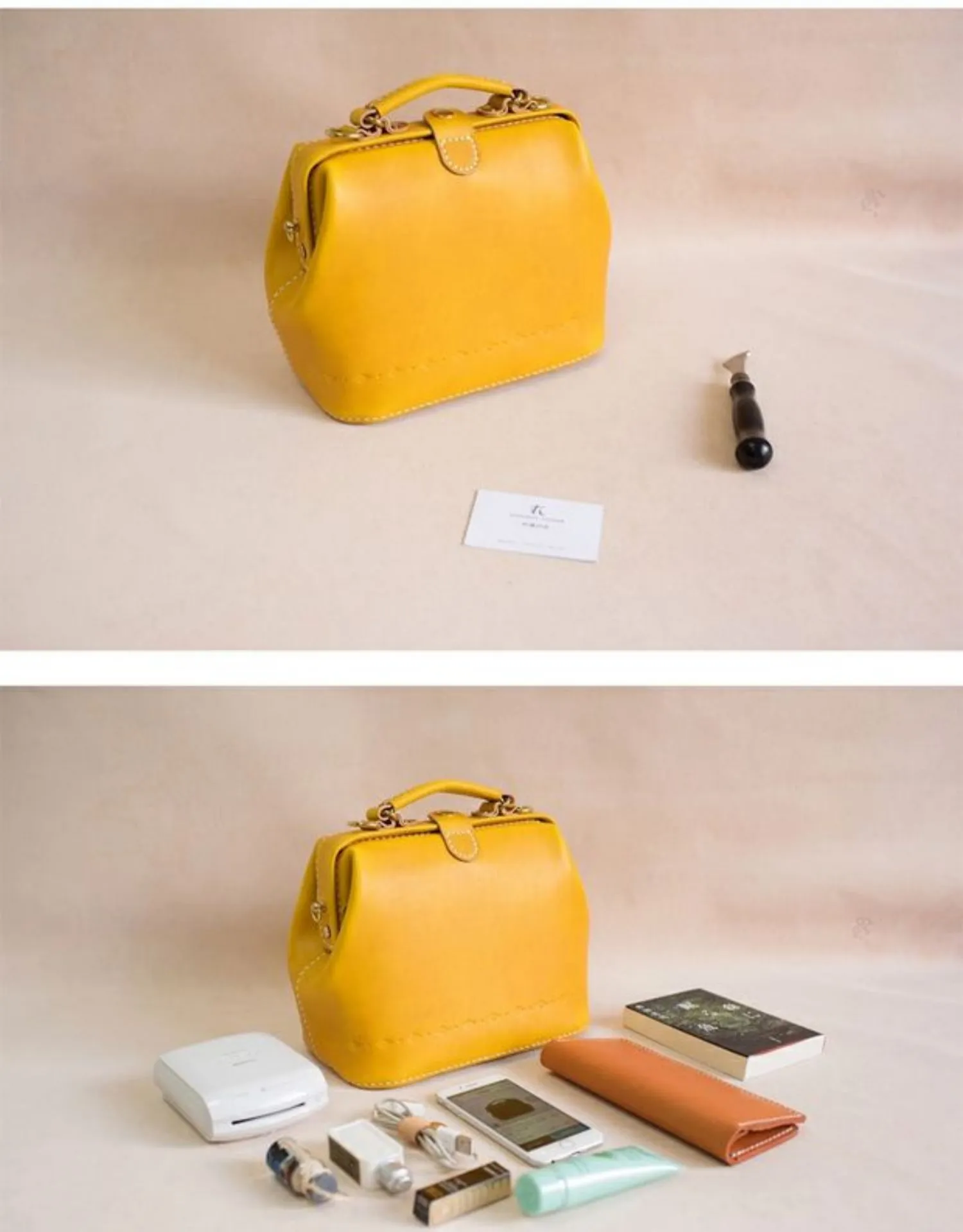 Handmade Womens Yellow Leather Small doctor Handbag shoulder doctor bags for women