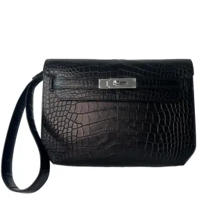 Herm??s Kelly Depeches 25 Pochette Black Matte Alligator Palladium Hardware