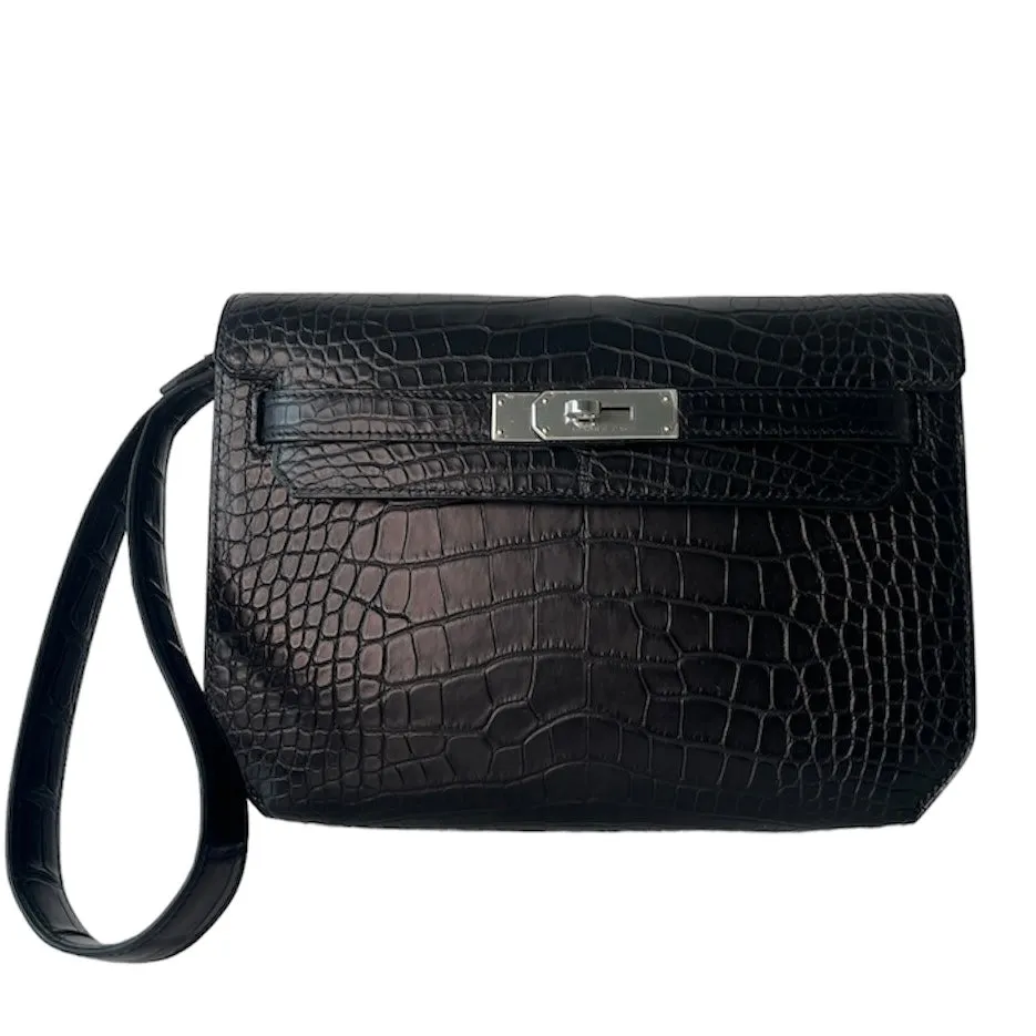 Herm??s Kelly Depeches 25 Pochette Black Matte Alligator Palladium Hardware
