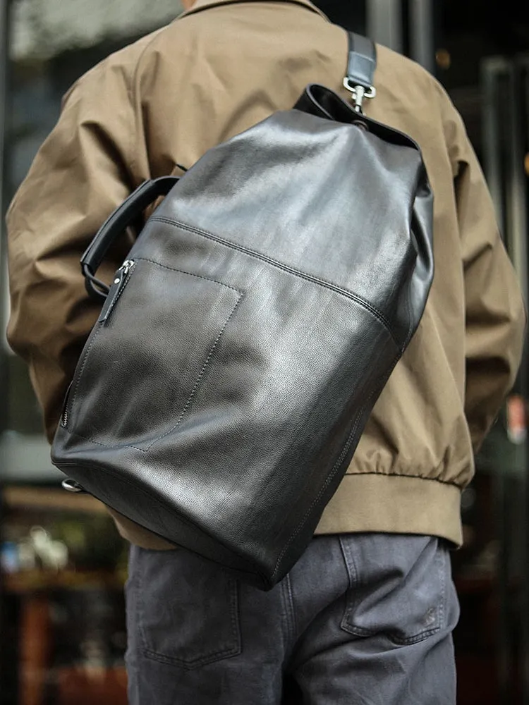 Huge Black Leather Barrel Sling Bag For Men Large Barrel Sling Bag Large Mens Weekender Sling Bag
