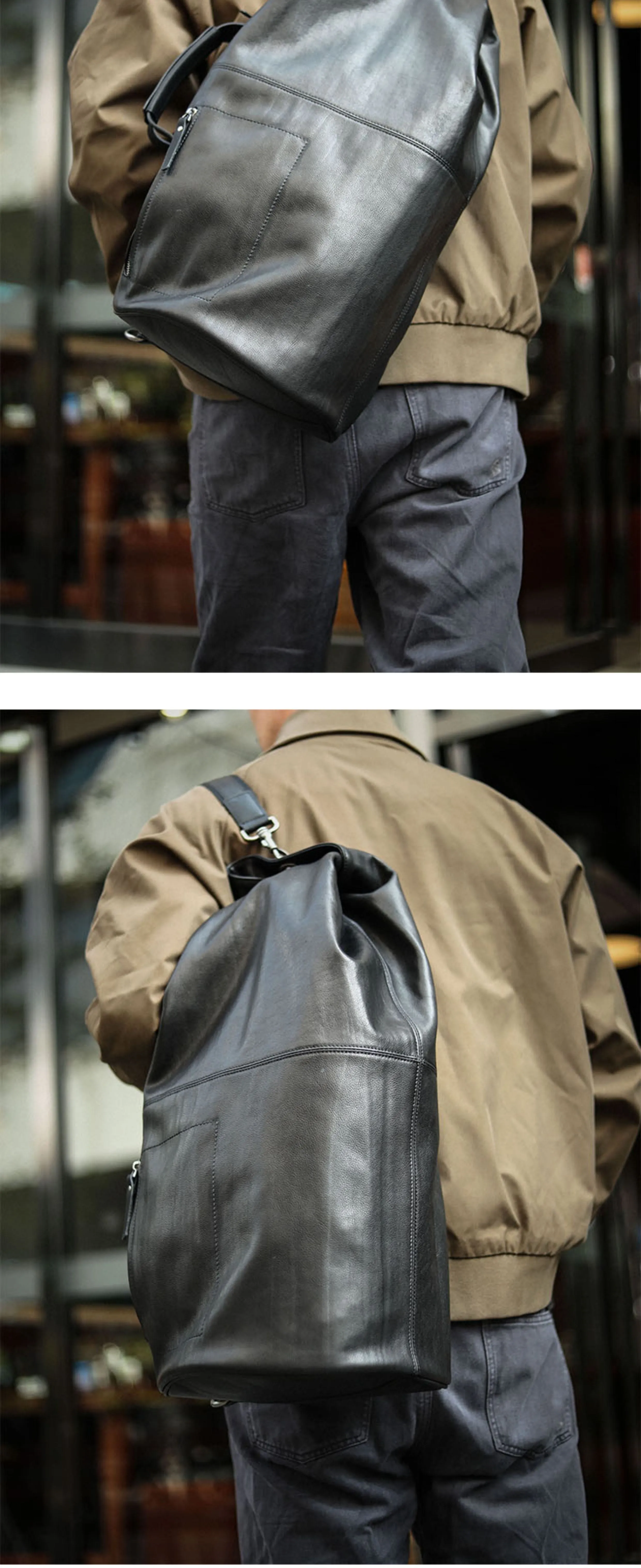 Huge Black Leather Barrel Sling Bag For Men Large Barrel Sling Bag Large Mens Weekender Sling Bag