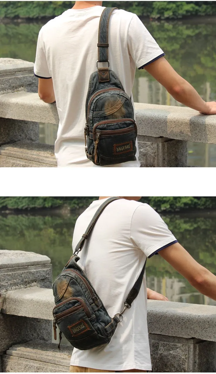 Jean Blue Mens 8 inches Sling Bag Chest Bags Fashion Denim One Shoulder Backpack For Men