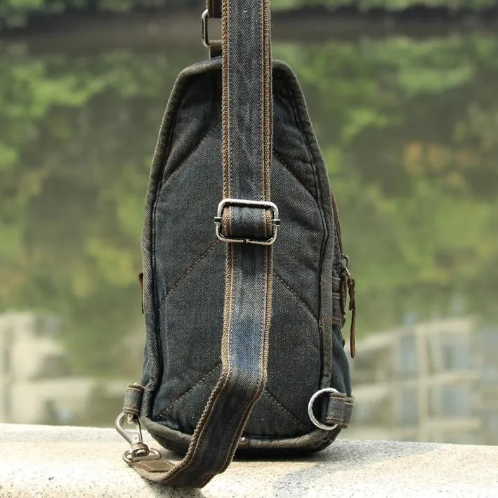 Jean Blue Mens 8 inches Sling Bag Chest Bags Fashion Denim One Shoulder Backpack For Men