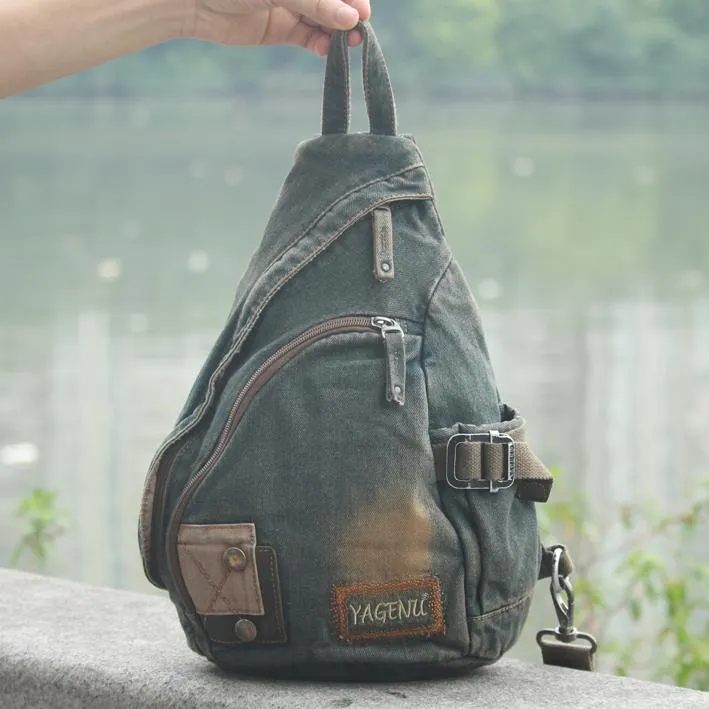 Jean Denim Mens Large Sling Bag Blue Chest Bag Jean One Shoulder Backpacks For Men
