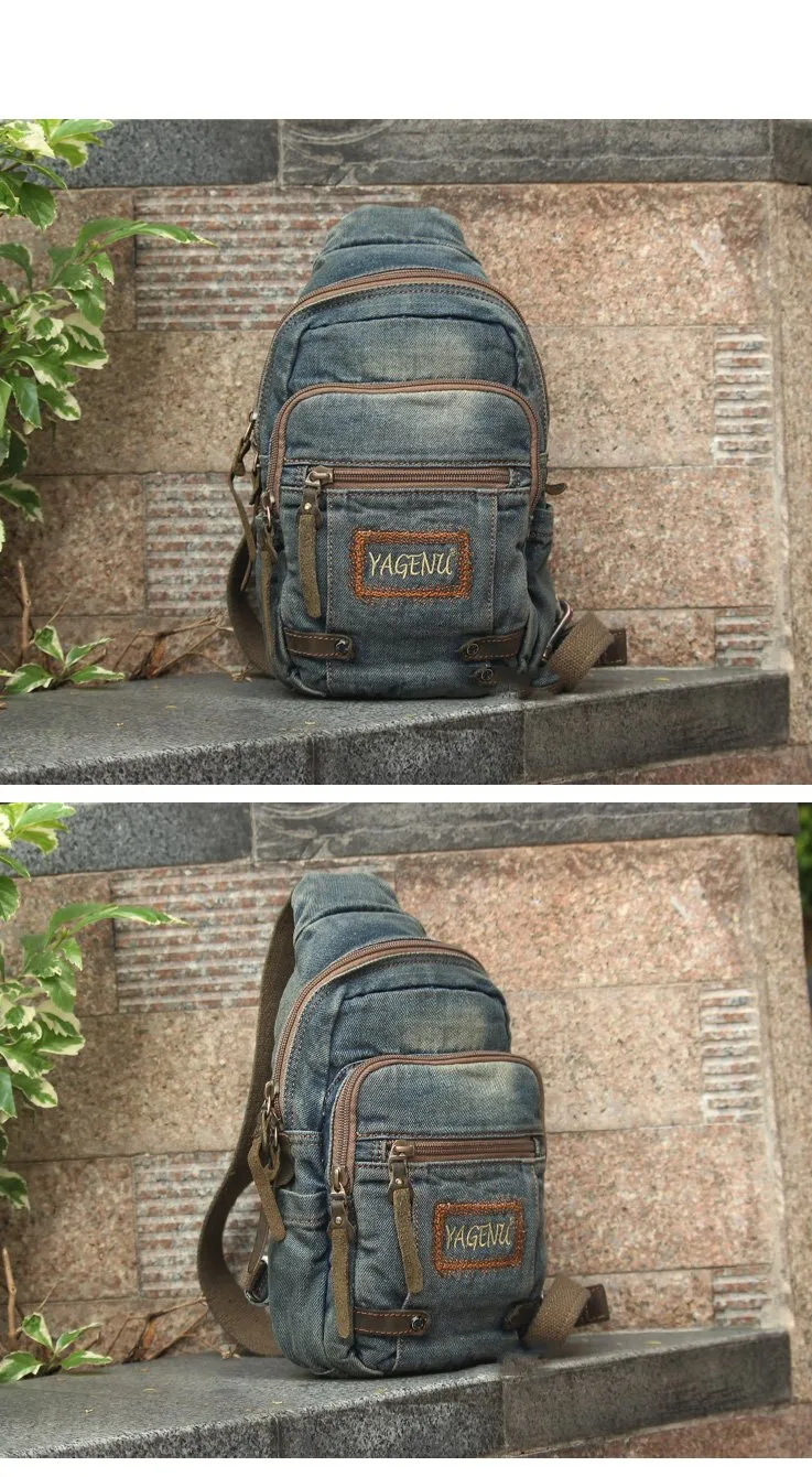 Jean Vintage Blue Mens Sling Bag Chest Bags Jean One Shoulder Backpack For Men