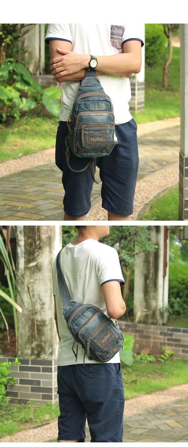 Jean Vintage Blue Mens Sling Bag Chest Bags Jean One Shoulder Backpack For Men