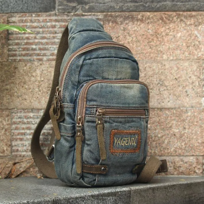 Jean Vintage Blue Mens Sling Bag Chest Bags Jean One Shoulder Backpack For Men