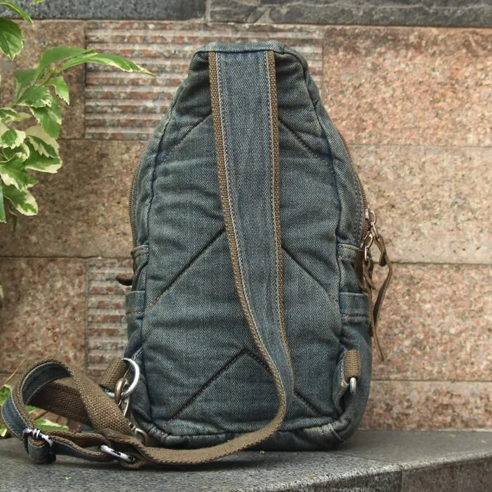 Jean Vintage Blue Mens Sling Bag Chest Bags Jean One Shoulder Backpack For Men