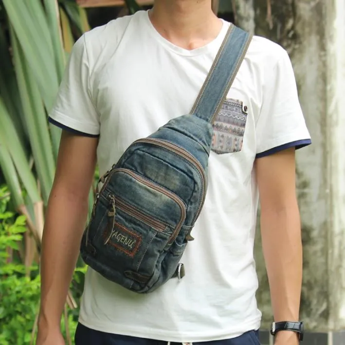 Jean Vintage Blue Mens Sling Bag Chest Bags Jean One Shoulder Backpack For Men