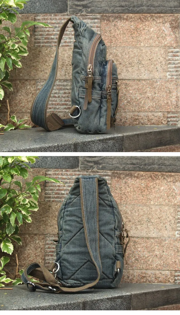 Jean Vintage Blue Mens Sling Bag Chest Bags Jean One Shoulder Backpack For Men