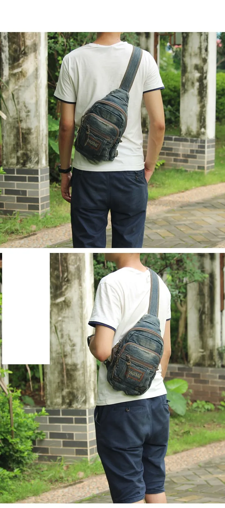 Jean Vintage Blue Mens Sling Bag Chest Bags Jean One Shoulder Backpack For Men