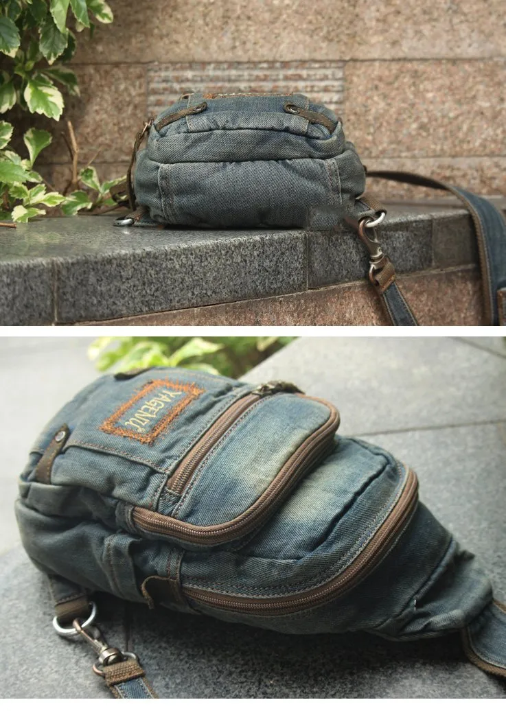 Jean Vintage Blue Mens Sling Bag Chest Bags Jean One Shoulder Backpack For Men