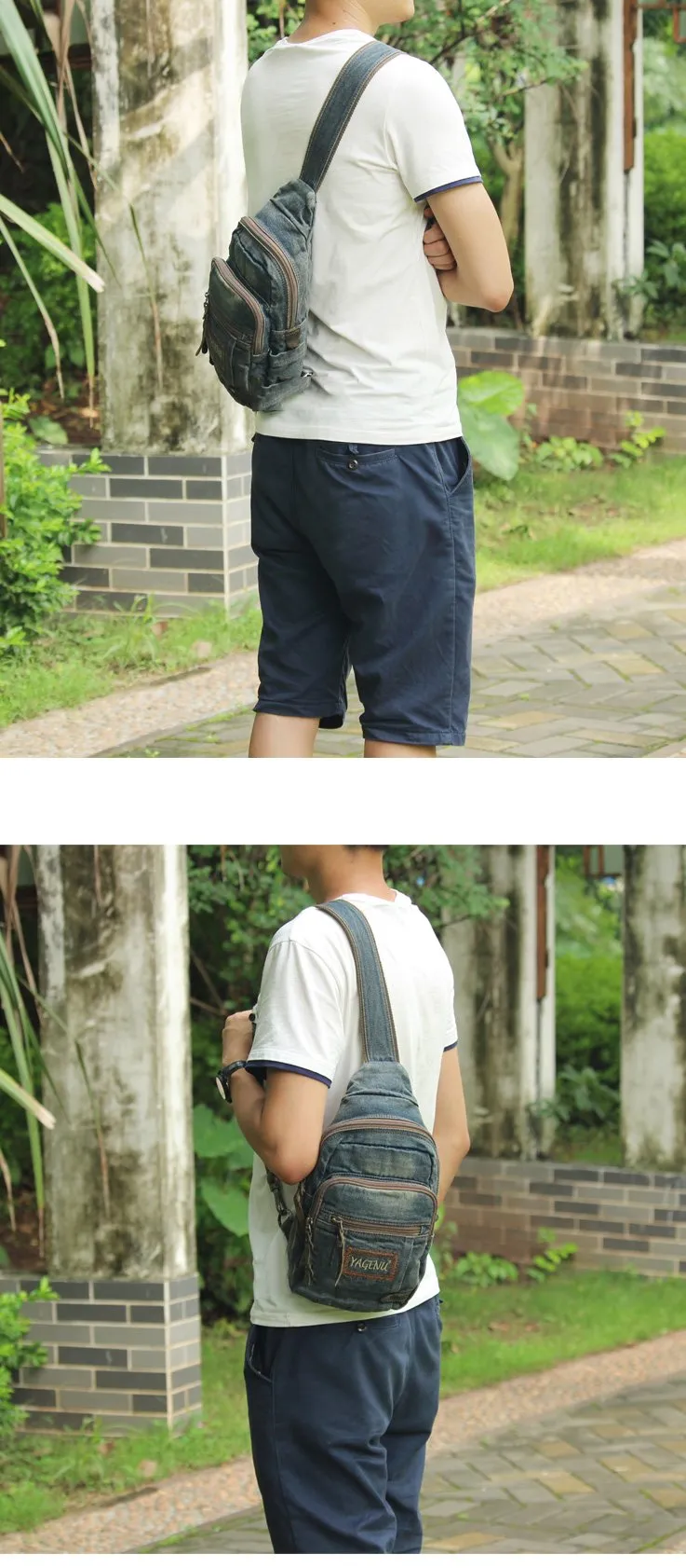 Jean Vintage Blue Mens Sling Bag Chest Bags Jean One Shoulder Backpack For Men