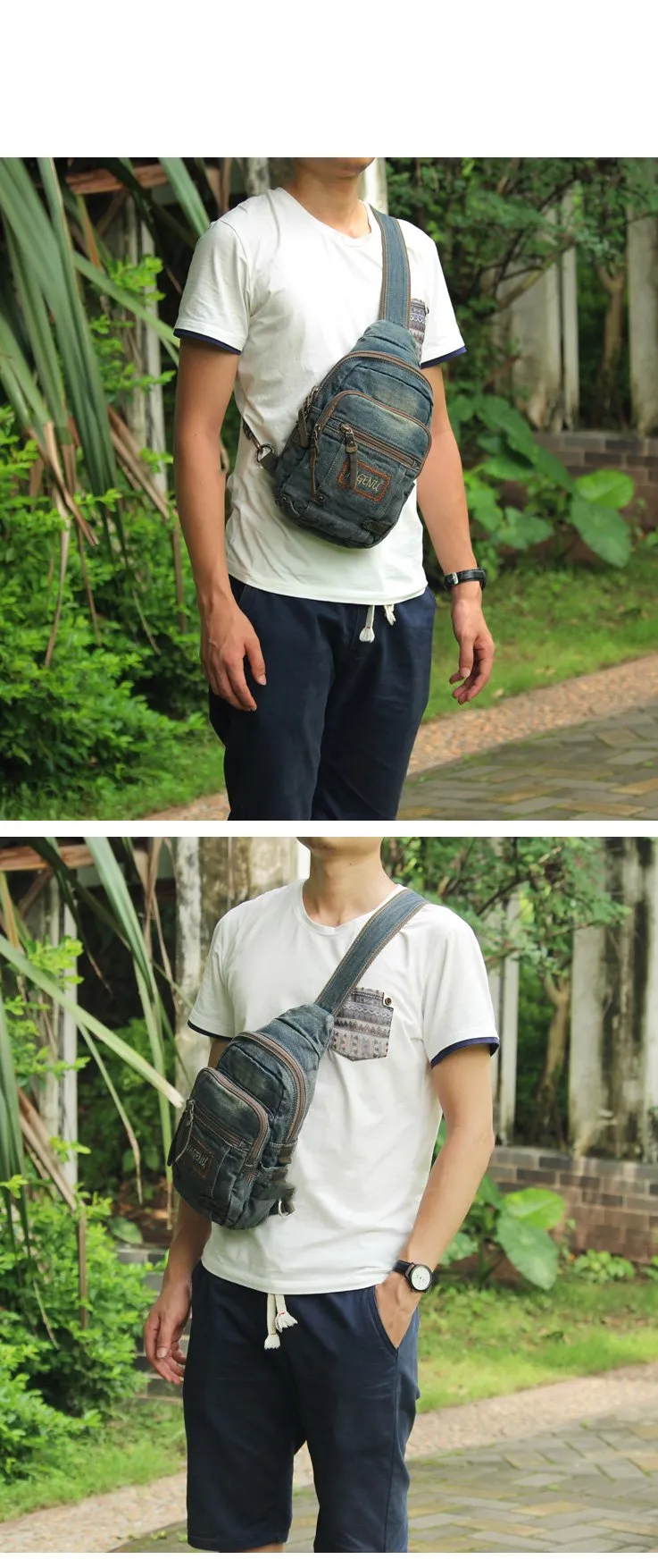 Jean Vintage Blue Mens Sling Bag Chest Bags Jean One Shoulder Backpack For Men