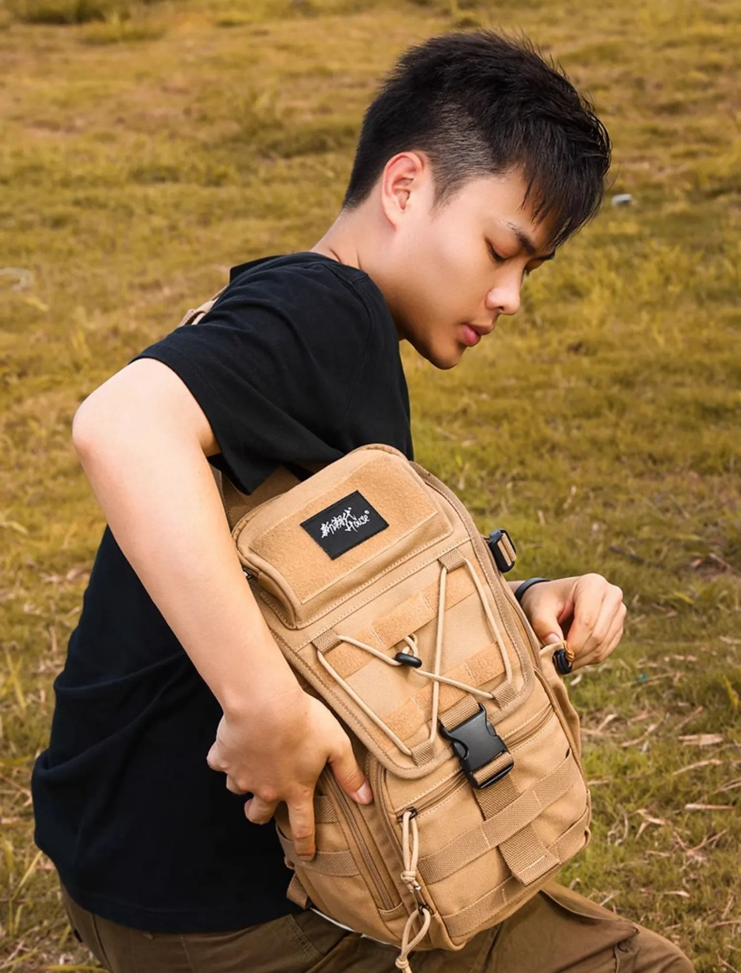 Khaki Tactical Canvas Large Sling Bag For Men Military Sling Bag For Big Men