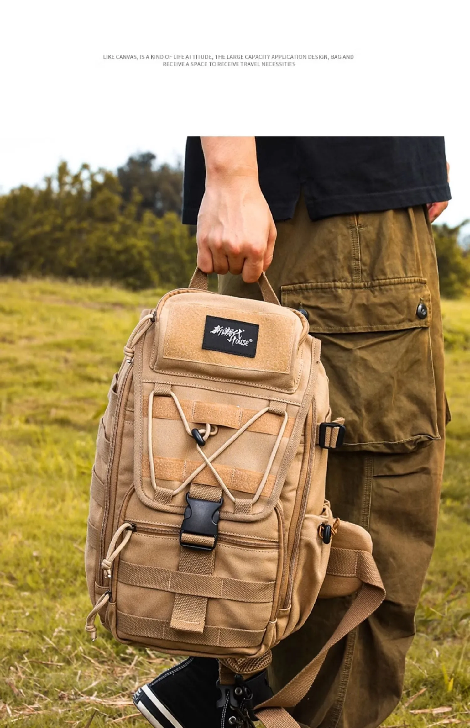 Khaki Tactical Canvas Large Sling Bag For Men Military Sling Bag For Big Men