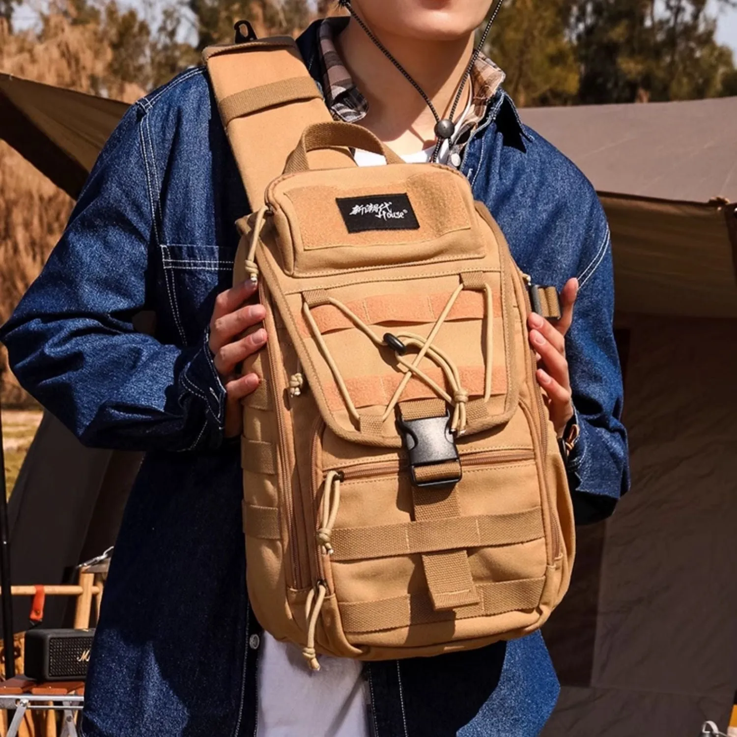 Khaki Tactical Canvas Large Sling Bag For Men Military Sling Bag For Big Men