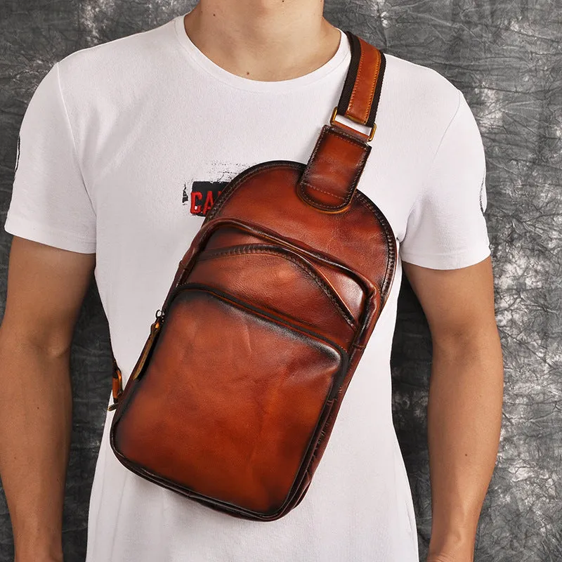 Leather Chest Bag For Men Cool Leather Sling Bag Mens Sling Crossbody Backpack