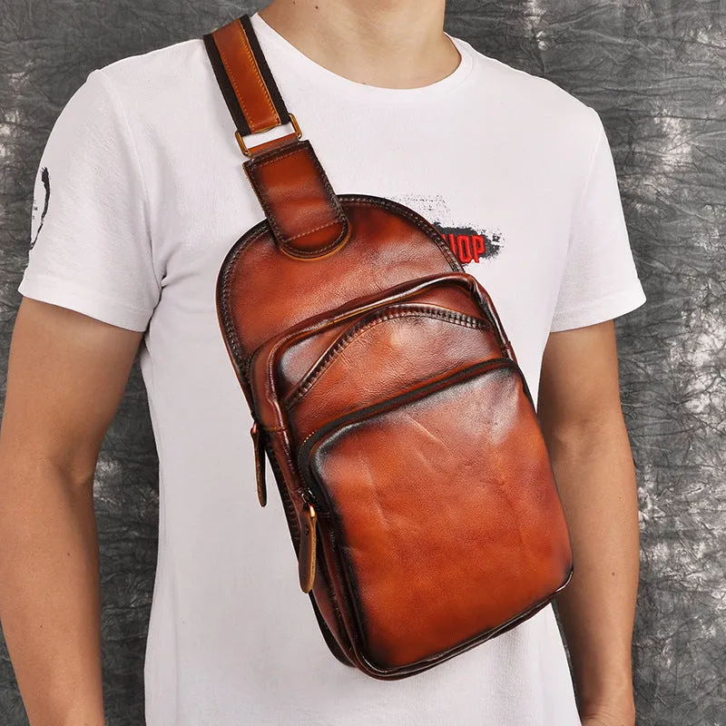 Leather Chest Bag For Men Cool Leather Sling Bag Mens Sling Crossbody Backpack
