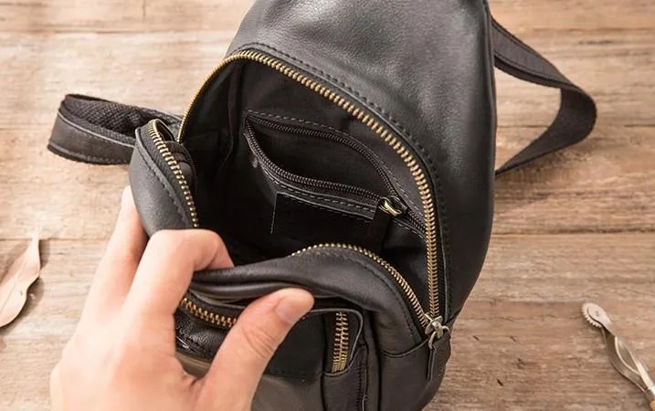 Leather Mens Black Shoulder Sling Backpack Sling Backpack Sling Bag for men
