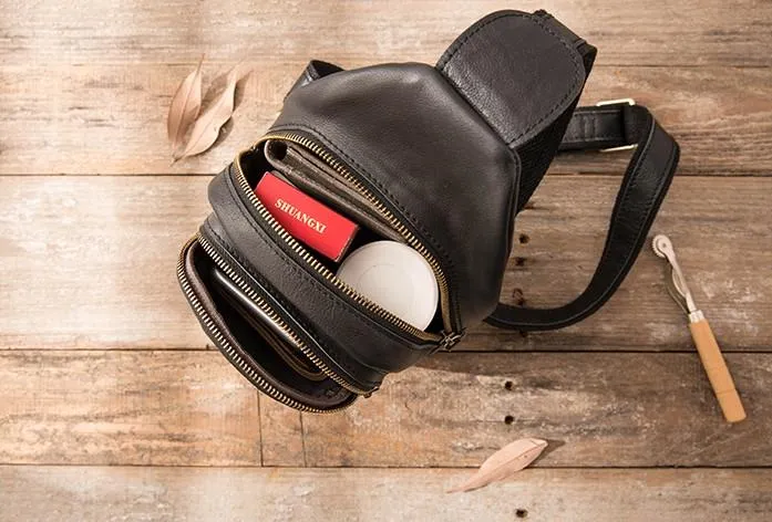 Leather Mens Black Shoulder Sling Backpack Sling Backpack Sling Bag for men