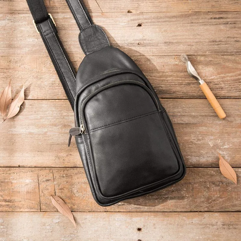 Leather Mens Black Shoulder Sling Backpack Sling Backpack Sling Bag for men