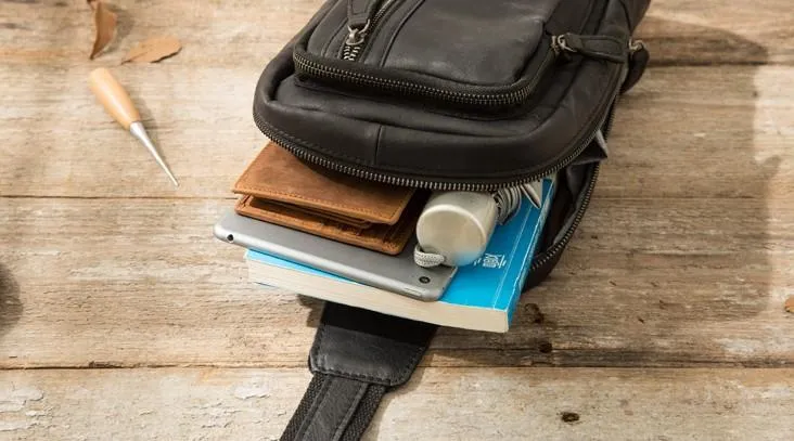 Leather Mens Black Shoulder Sling Backpack Sling Bag Sling Backpack for men