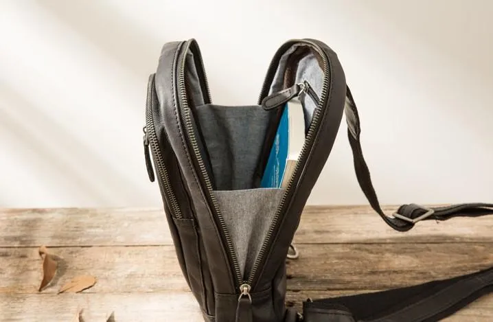 Leather Mens Black Shoulder Sling Backpack Sling Bag Sling Backpack for men