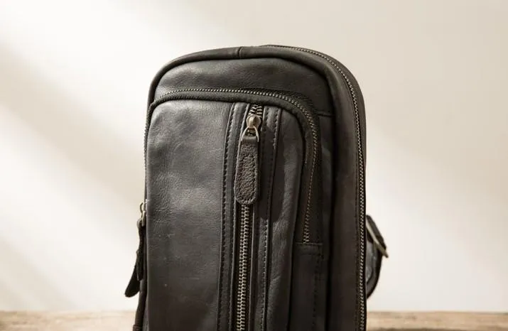Leather Mens Black Shoulder Sling Backpack Sling Bag Sling Backpack for men