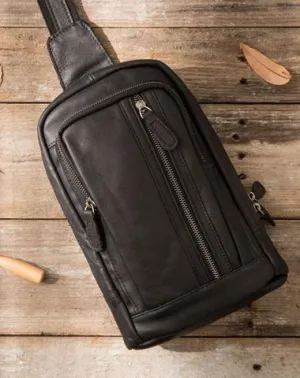 Leather Mens Black Shoulder Sling Backpack Sling Bag Sling Backpack for men